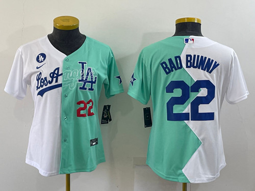 Youth Los Angeles Dodgers #22 Bad Bunny 2022 All-Star White/Green Split Stitched Jersey